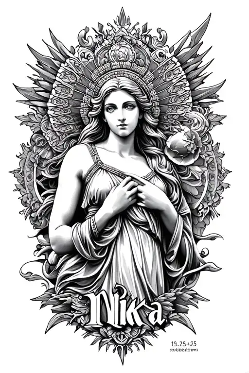 black tattoo of goddess Nike and where it says Nika on tattoo and add details that goes with it like date of birth of my tattoo design idea