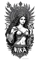 black tattoo of goddess Nike and where it says Nika on tattoo and add details that goes with it like date of birth of my tattoo design idea