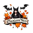 bats and emo elements with falling leaves and the name Charlotte  tattoo design idea