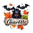bats and emo elements with falling leaves and the name Charlotte  tattoo design idea