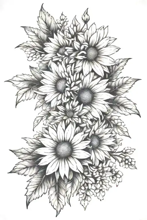 daisy and chrysanthemum bouquet tattoo design idea