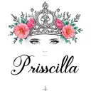 priscilla name with a crown and flowers tattoo design idea