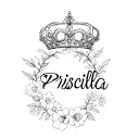 priscilla name with a crown and flowers tattoo design idea