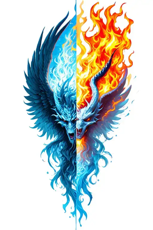 demon and fire vs angel and ice tattoo design idea