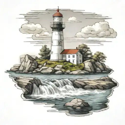 a lighthouse on rocks surrounded by water  tattoo design idea