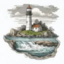 a lighthouse on rocks surrounded by water  tattoo design idea