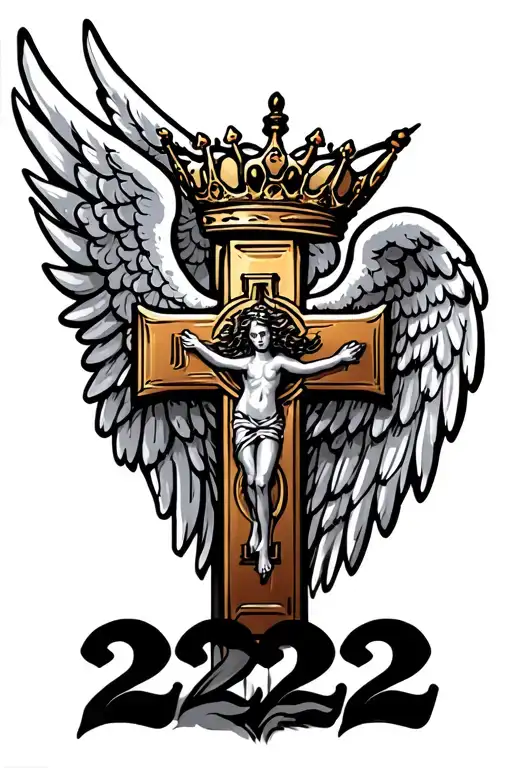 cross with angel wings with crown with 222 numbers tattoo design idea