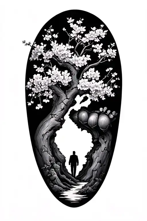 cherry blossom tree with a man walking up broken heart tattoo design idea