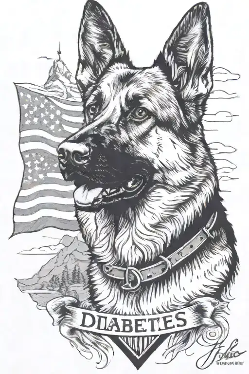German shepherd portrait saying "diabetes" mountain scene American flag waving tattoo design idea