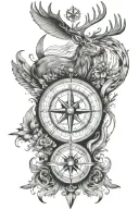 compass, arrows, deer, phoenix tattoo design idea