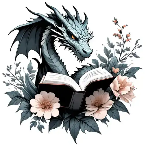 dragon reading a book surrounded by flowers tattoo design idea