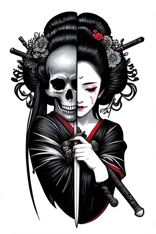 geisha holding a katana up to her face and one half is skull and the other half is skin tattoo design idea