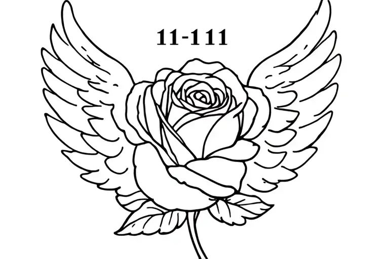 sideways simple rose outline with the angel number 1111 above stem tattoo design idea