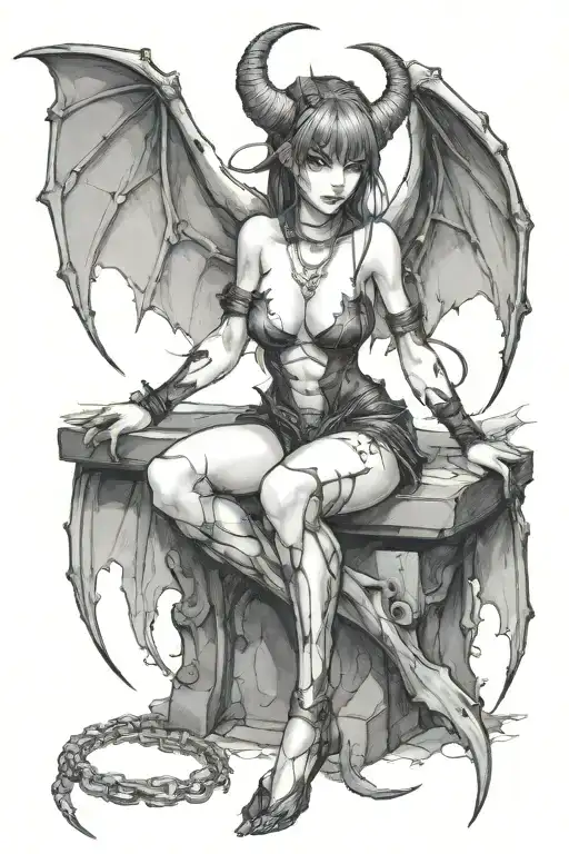sexy anime Succubus On her knees chained down Hands behind your back wearing little clothing  full body With  bat wings  tattoo design idea