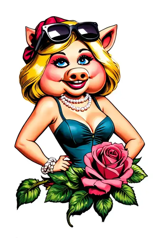 Cartoon Miss Piggy Rosie the Riveter pinup with sunglasses on her head, wearing a pearl necklace and sitting on a rose tattoo design idea