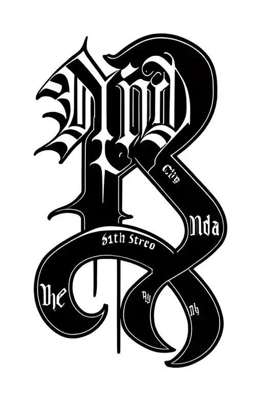 A gang tatto DMD murda Crips with a 64th street s h calligraphy with old english font tattoo design idea