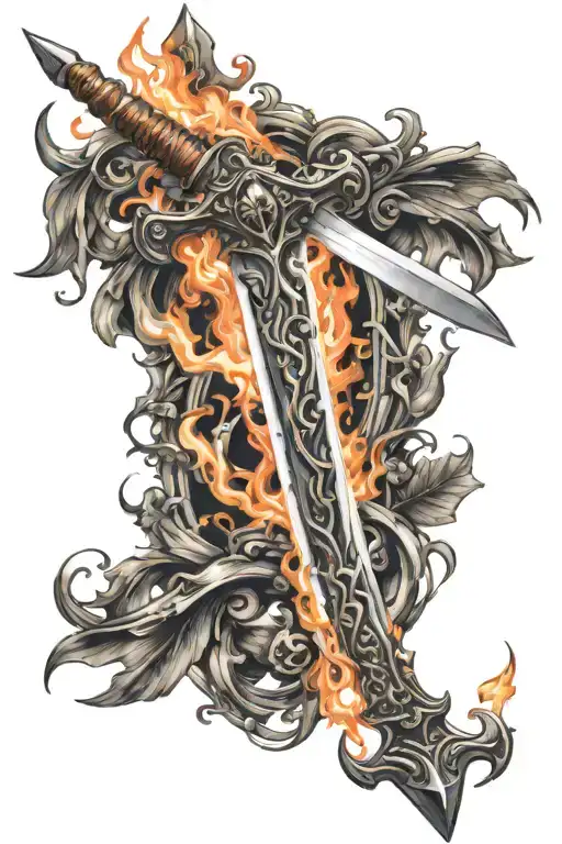 fantasy sword on fire tattoo design idea