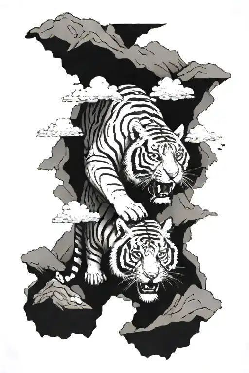 three headed tiger in one body while climbing mountain tattoo design idea