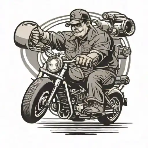 A fat truck driver riding a motorcycle, holding a coffee cup in one hand and a wrench in the other tattoo design idea