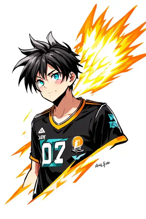 Anime-inspired tattoo of Jude Sharp from Inazuma Eleven, black grey wth detail shading,with color in the eyes and energy tattoo design idea