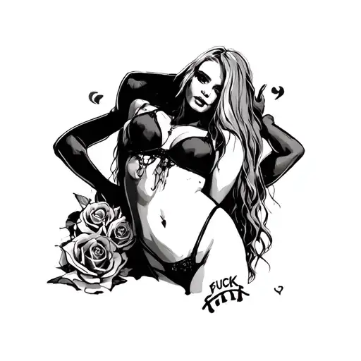 Evil girl sexy that turn around and only wear bra and pantie and that pantie has a word Fuck on it tattoo design idea