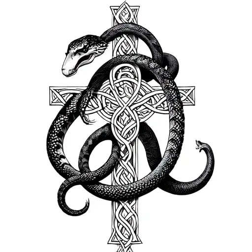 2 snakes wrapped around a celtic cross, 1 snake is normal and the other one is a skeleton tattoo design idea