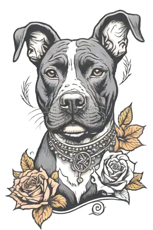 Black pit bull with ears and a white chest sits smiling collors rose tattoo design idea