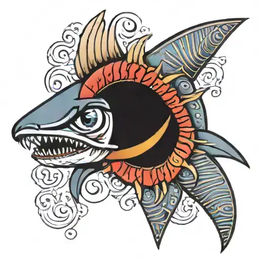 Eye of ra in the open mouth of a shark in traditional tattoo flash style tattoo design idea