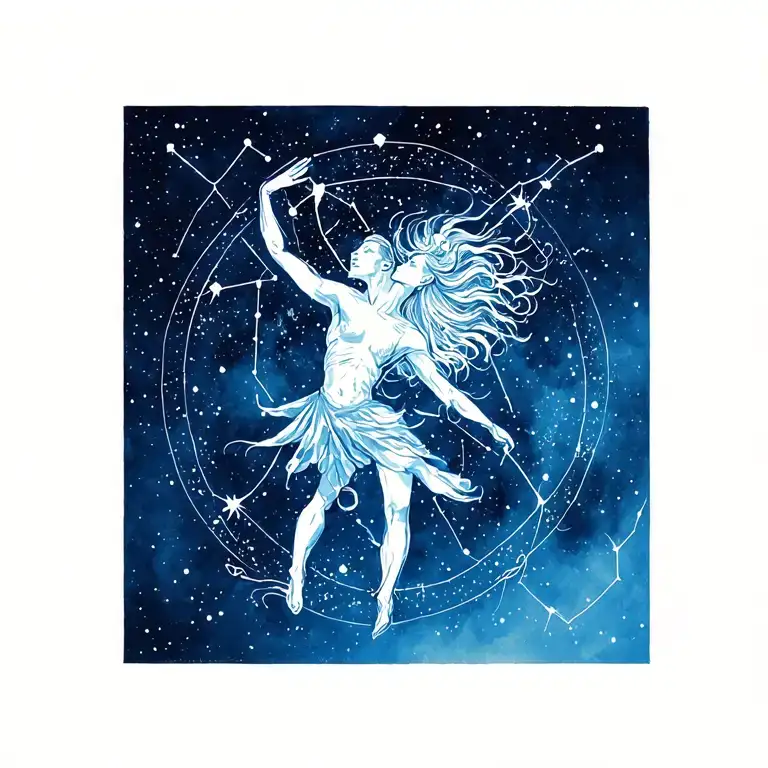 dance and aquarius constellation merging together tattoo design idea