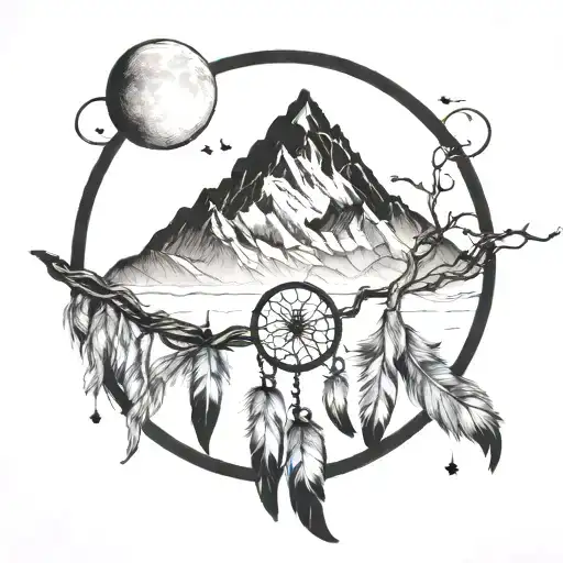 dreamcatcher with mountain range and moon inside tattoo design idea