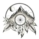 dreamcatcher with mountain range and moon inside tattoo design idea