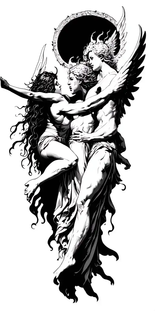 heaven vs hell theme with angels and demons fighting tattoo design idea