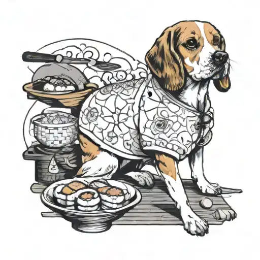 create a beagle in a sushi chef outfit tattoo design idea