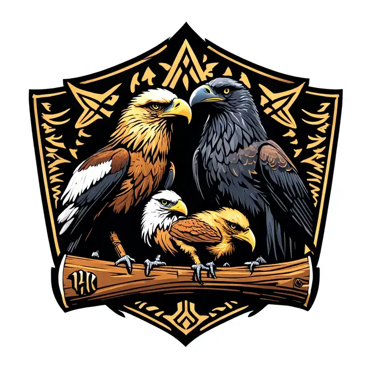 three birds sitting on horizontal viking axe. Birds are golden eagle, bald eagle, raven. Nordic tattoo design idea