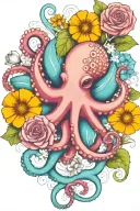 octopus, white snowdrop, rose,  marigold flower tattoo design idea