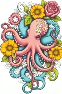 octopus, white snowdrop, rose,  marigold flower tattoo design idea