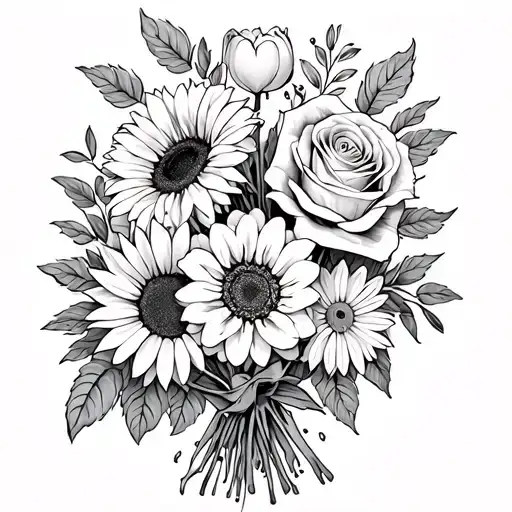 fine line tattoo of bouquet of flowers with two hydrangeas, a rose, a sunflower, a tulip, a daisy, and a bleeding heart  tattoo design idea