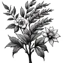 hawthorn tree, rowan tree, willow tree and a reed flower tattoo design idea