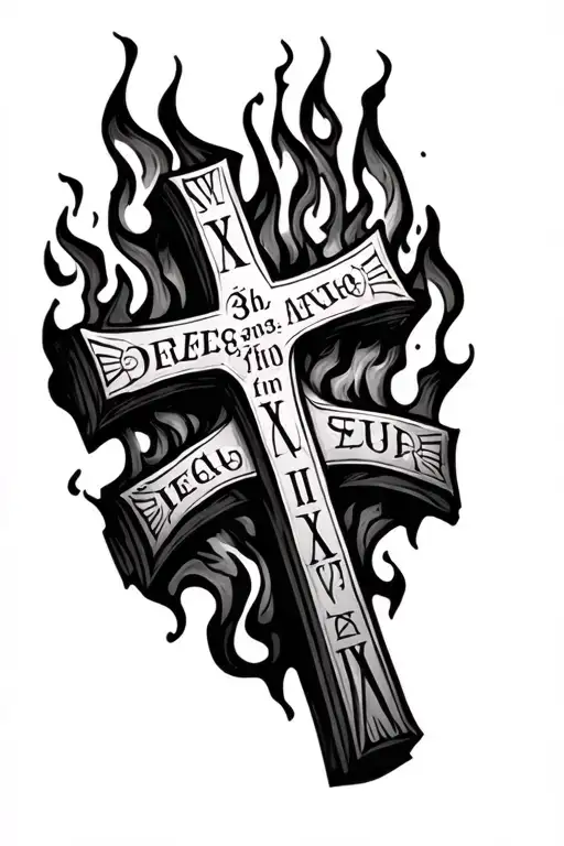 cross with the the top saying three in Roman numberal and at the bottom saying four in Roman numerals surrounded by fire tattoo design idea
