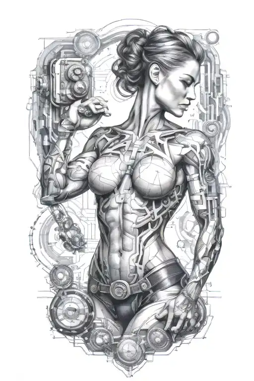 fitness bodybuilder women posing with technology circuits merging tattoo design idea