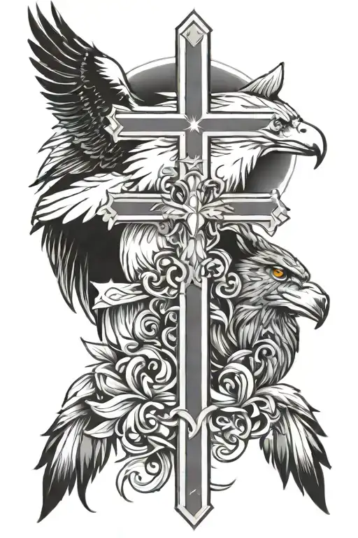 Christian cross with eagle and wolf tattoo design idea