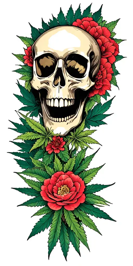 skull and marihuana tattoo design idea