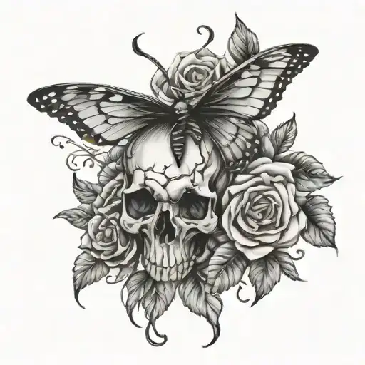 roses butterfly deer skull tattoo design idea