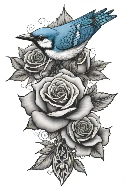 rose with a cross and blue jay   tattoo design idea
