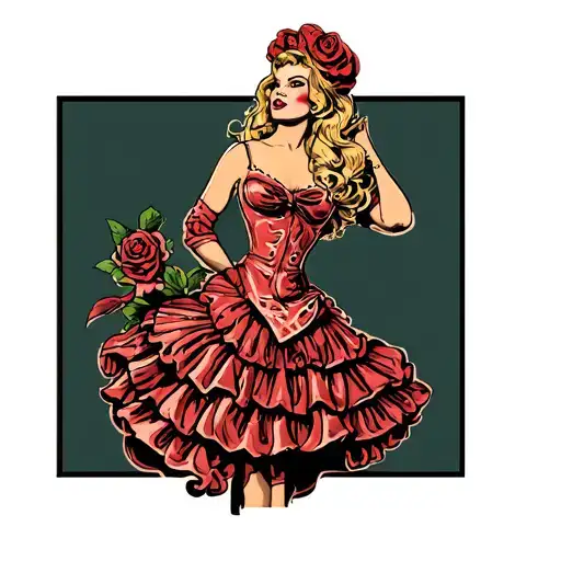 sailor jerry style traditional tatto, of a woman wearing a meat dress, looking like lady gagas meat dress she wore tattoo design idea
