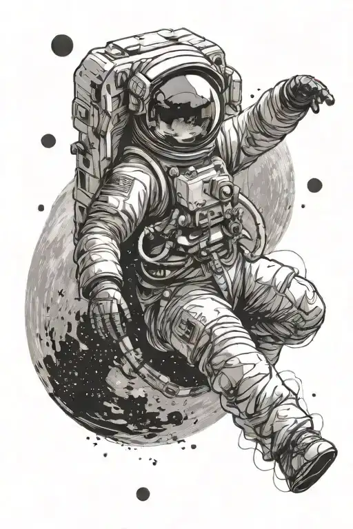 astronaut, floating in space, with the moon in the background, rich in details tattoo design idea