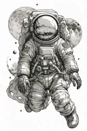 astronaut, floating in space, with the moon in the background, rich in details tattoo design idea