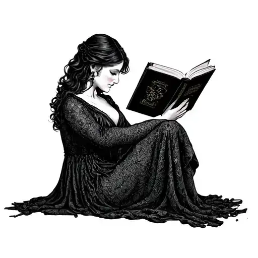 A motherly figure reading a dark romance book with hidden bondage elements tattoo design idea
