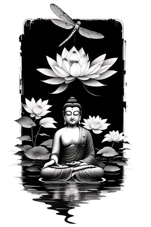 Lotus And Dragonfly and buddha sitting side tattoo design idea
