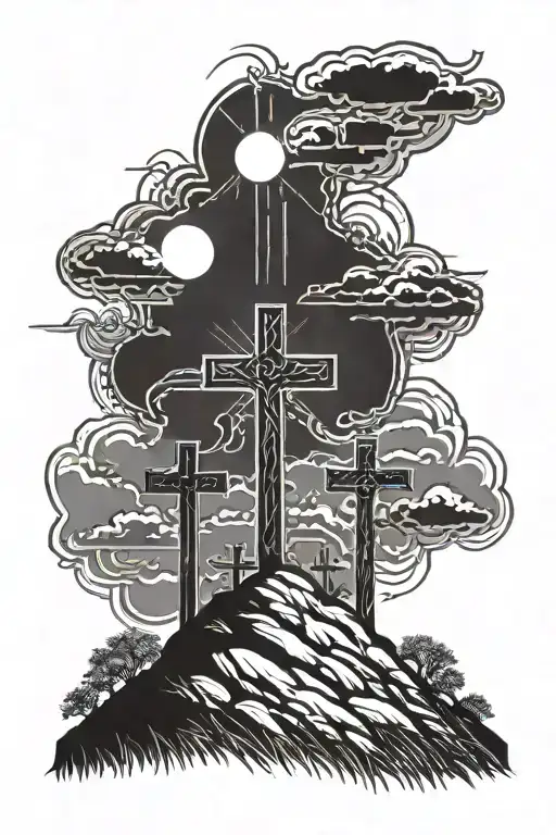3 crosses on a hill w a sun shining tattoo design idea